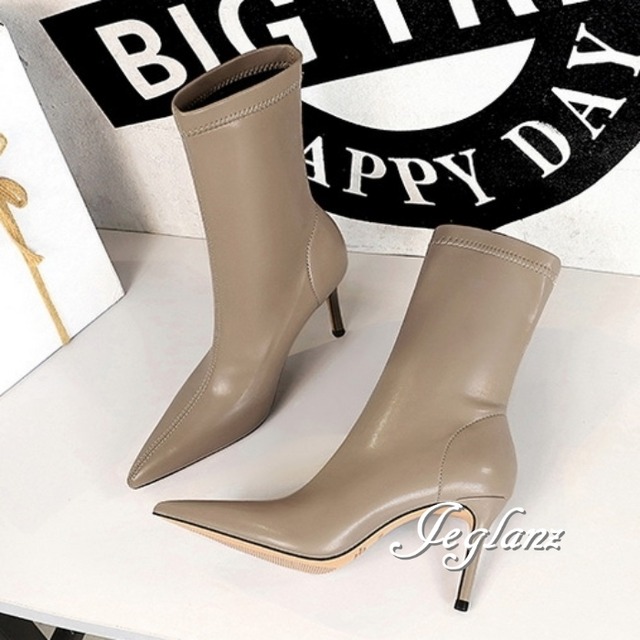 3色 ミドル ブーツ ハイヒール ポインテッドトゥ  フェイク レザー （MB308）ω