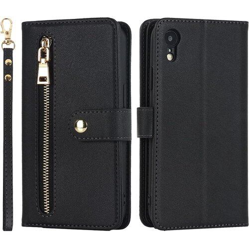 Pelanty 縄掛けケース for iPhone XR 手帳型ケース iPhoneXR 財布型カバー 手持ち縄掛け ICカードポケット お札入れ小銭入れ 大容量 収納ポケット ボタン磁気 合成皮革+TPUケース アイフォンXR ストラップ付き 携帯カバー スタンド機能 手縄付き-ブラック 1430