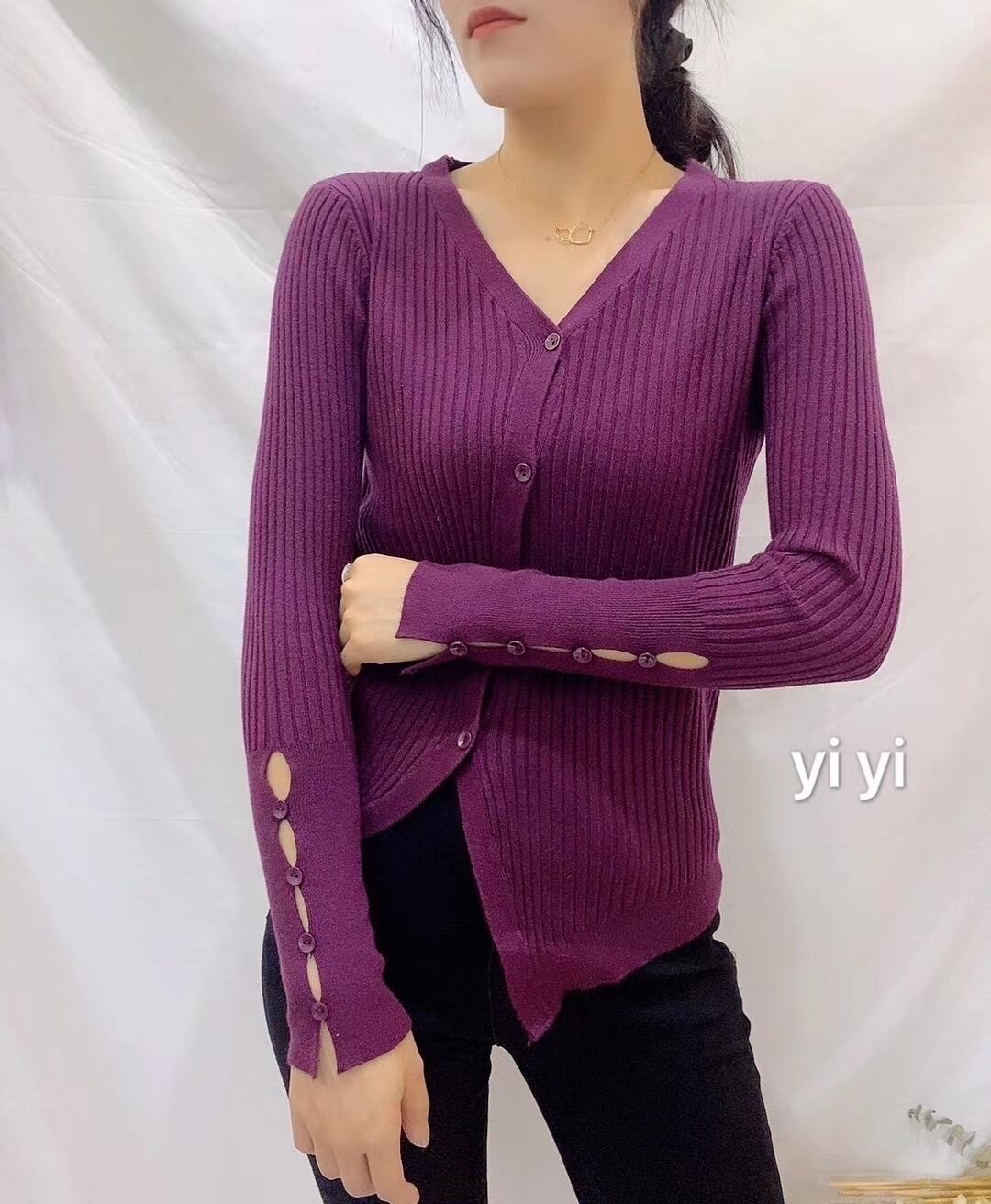 袖ボタン ニットカーディガン　　AJ111-156