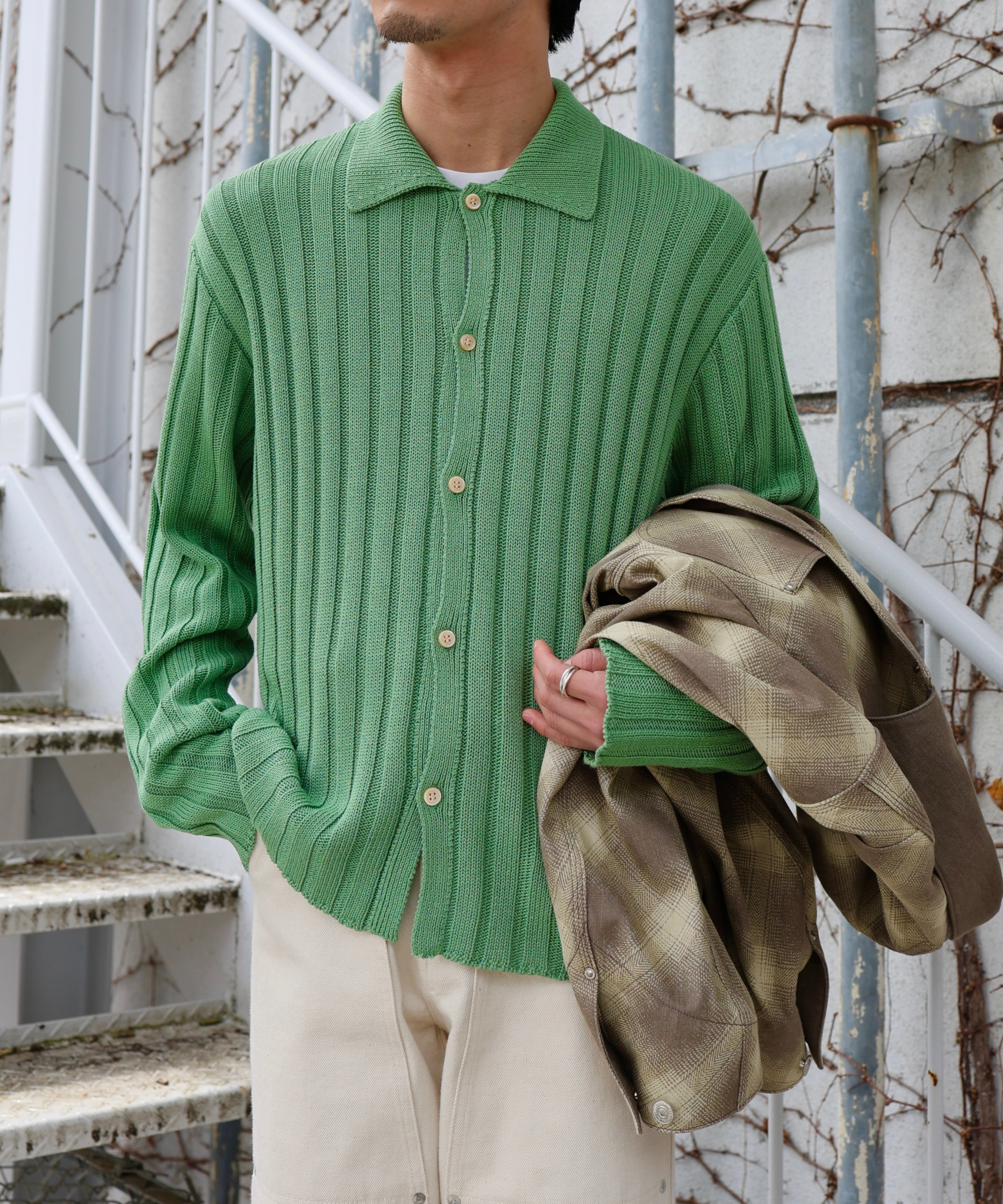 MATSUFUJI / M261-0501 / WIDE RIB KNIT SHIRT (GREEN) | AfterSchool