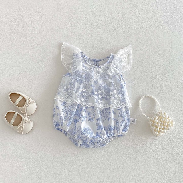 【BABY】水墨画風フラワーフリルレースロンパース - 14