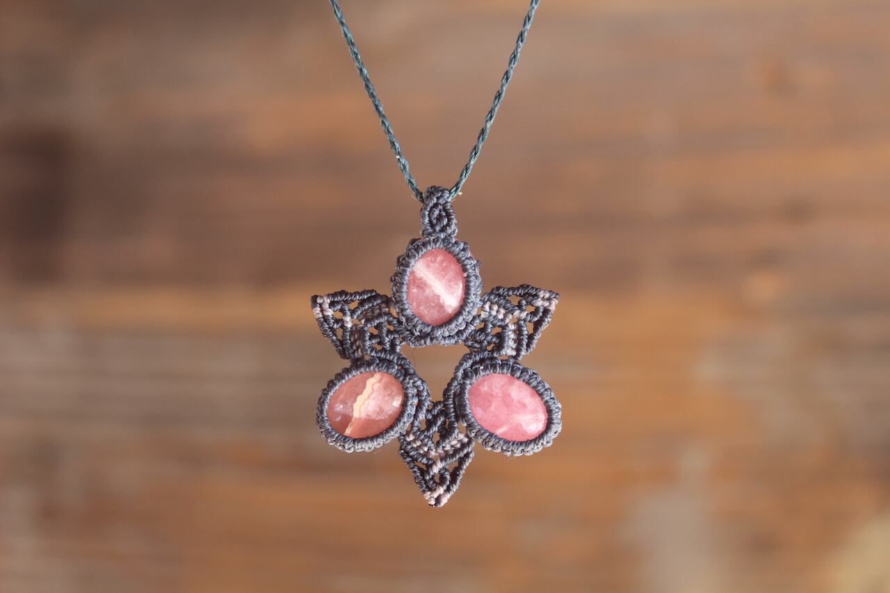 Rhodochrosite   micro macrame  hexagram pendant