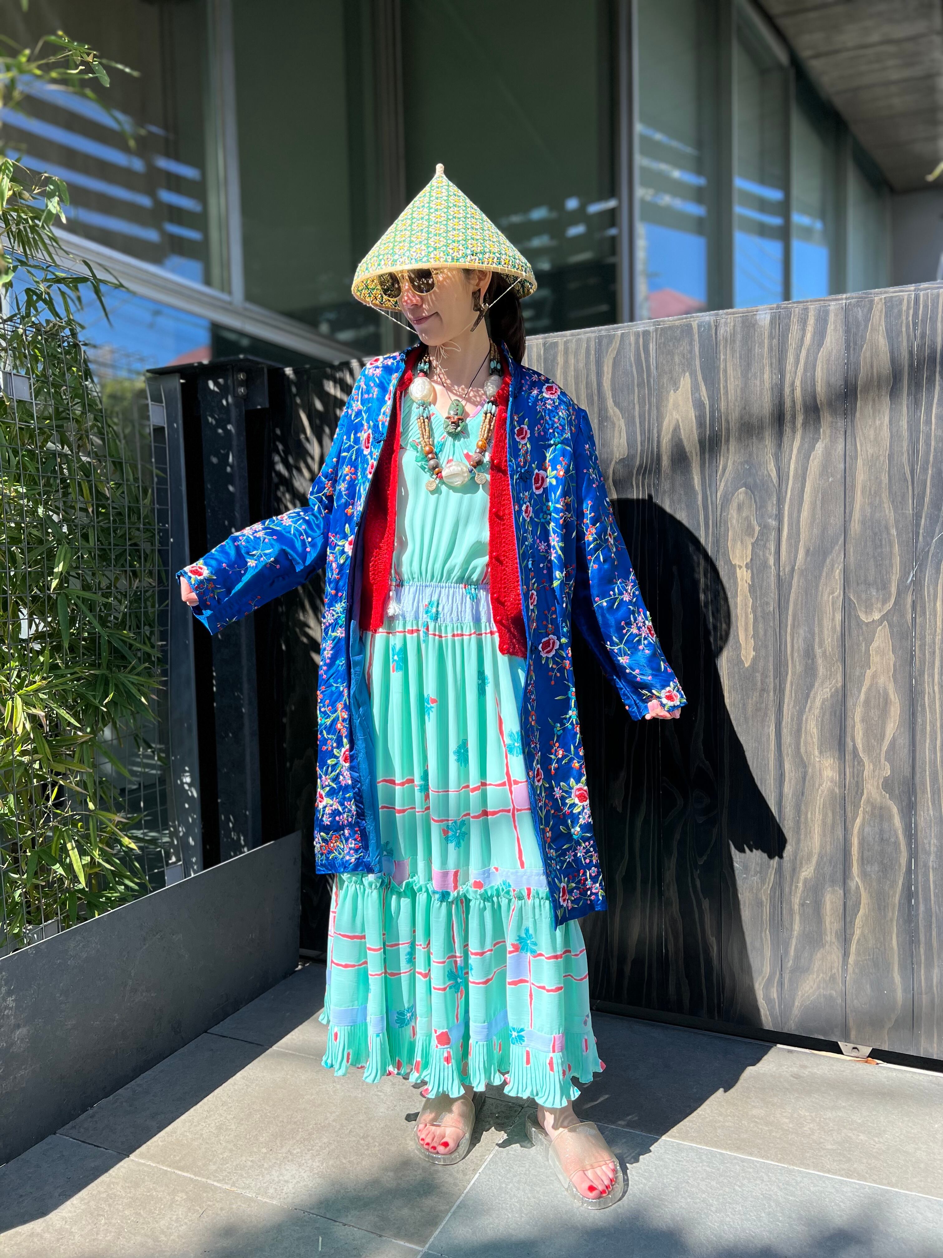 80s chinese royal blue × floral embroidery long jacket