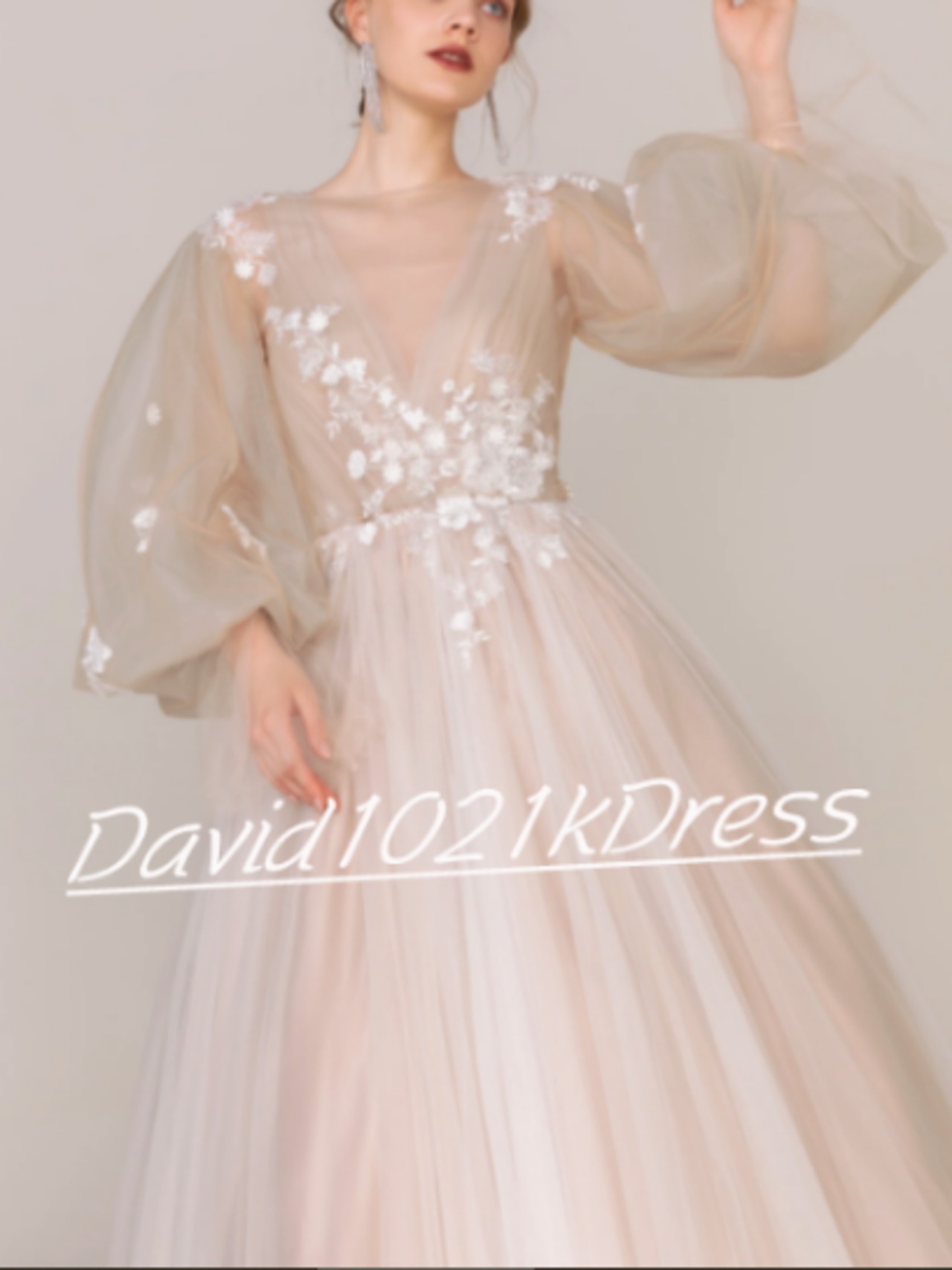 カラードレス アンズの色 前撮り シースルー袖 小花レース 花嫁  