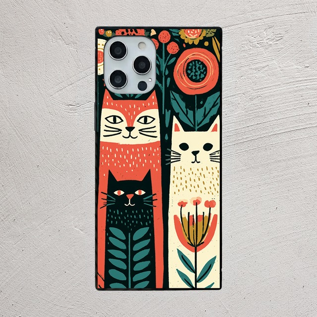 受注生産 iPhoneケース 猫の顔と花の民芸パネル｜猫モチーフ FMSY021A