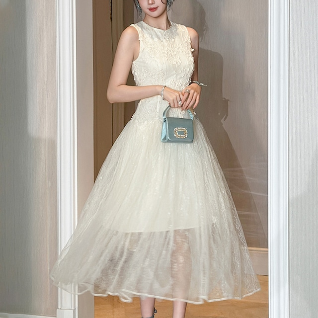 【夕暮薔薇シリーズ】ワンピース レース エレガント 綺麗め メッシュ ベージュ S M L XL