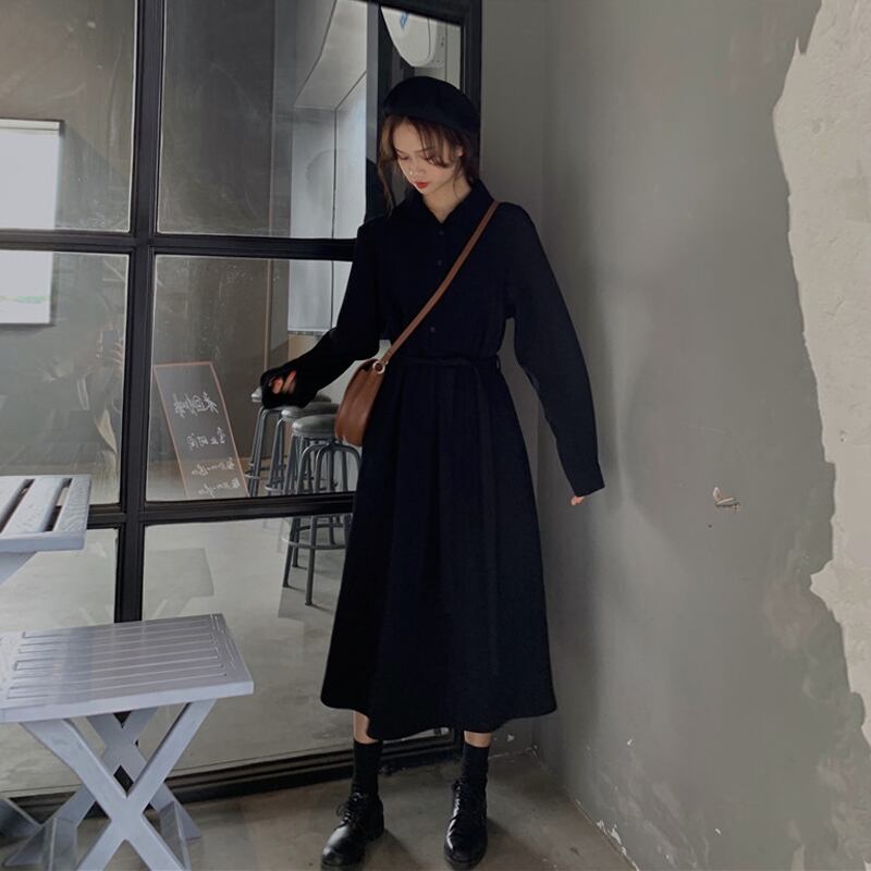 ロングスカート スタンダード長袖スリーブシャツ スプリングオータムブラックドレス レトロ 春物 秋物 スーパーモール57943339022