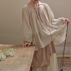 3色/Uネックチェック柄ブラウス ・10451 3色/Uネックチェック柄ブラウス ・10451