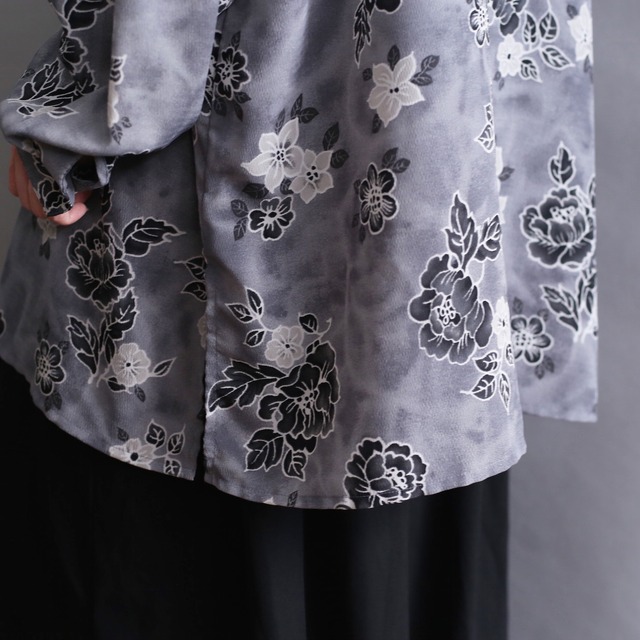 gray flower pattern l/s open collar shirt