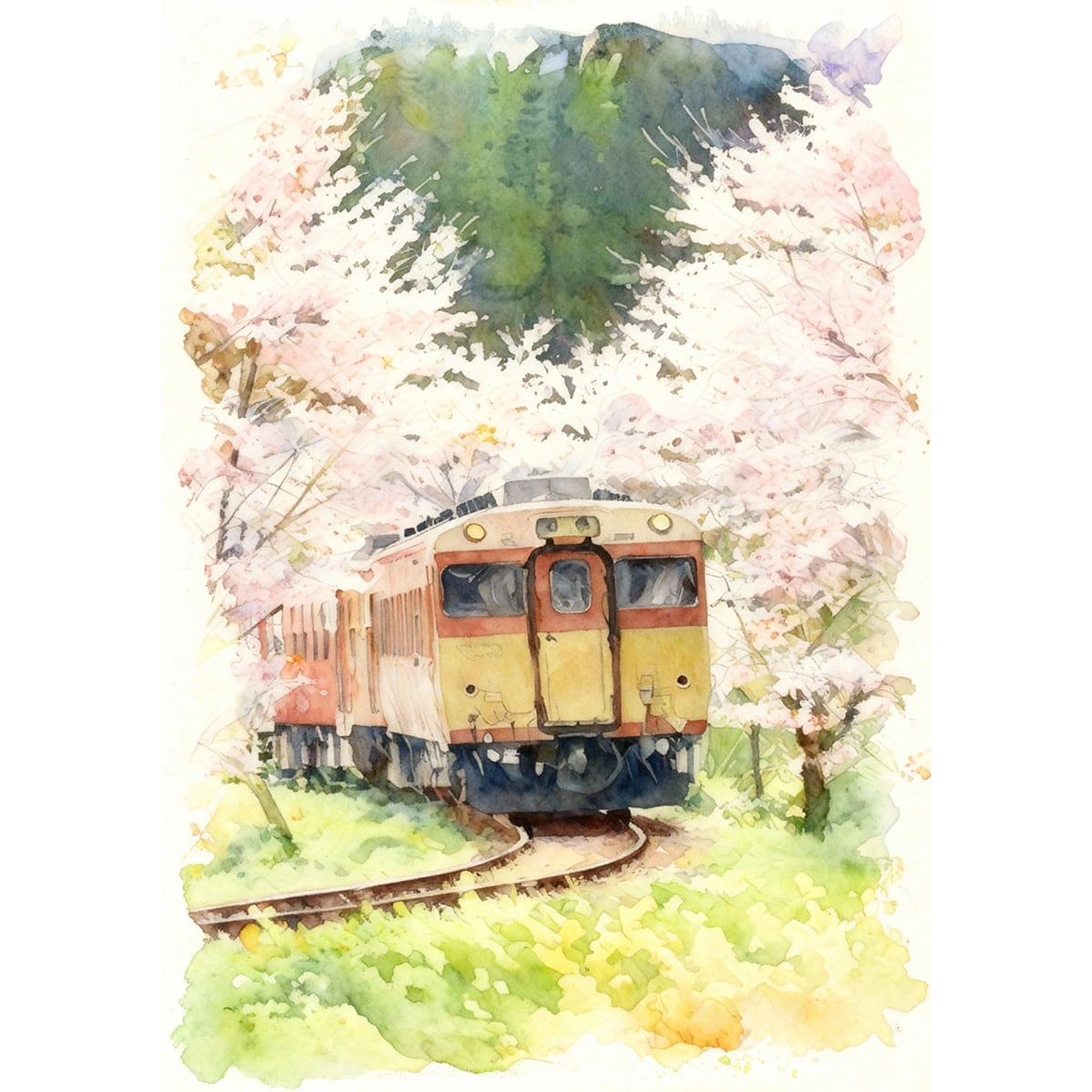 絵画 風景画 日本の 春 千葉県 房総半島を走るいすみ鉄道 インテリアアート額付き 水彩画風 WAT1707