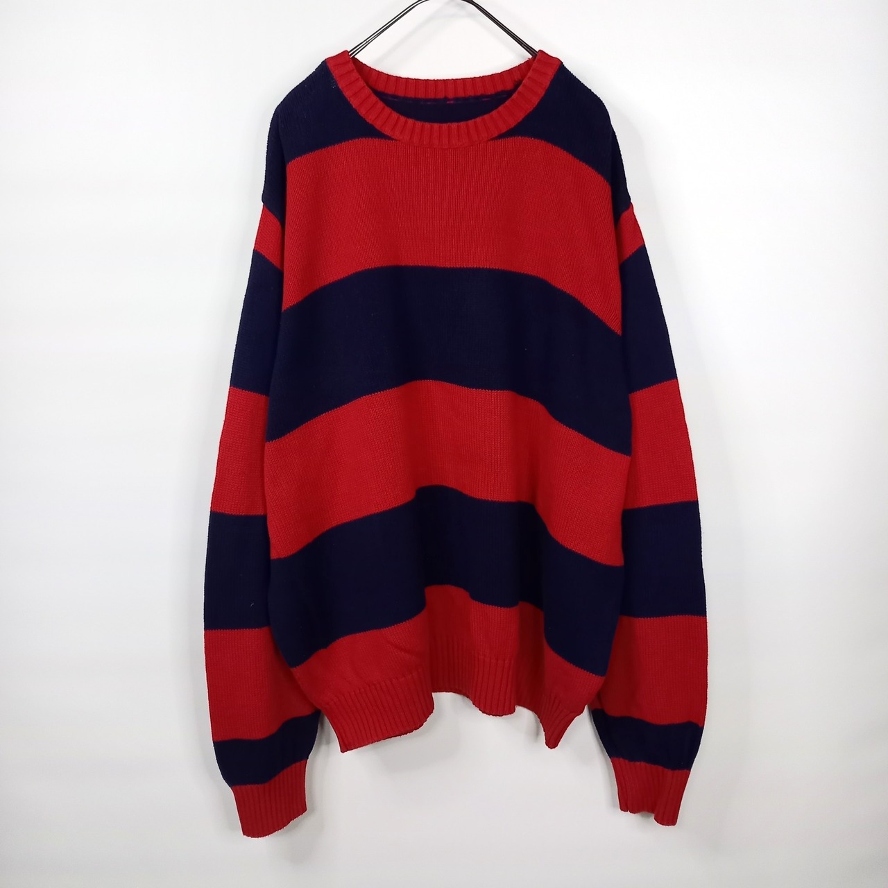 クルーネック　コットンニット　セーター　無地　中厚手　ボーダー　オーバーサイズ　レッド　XL