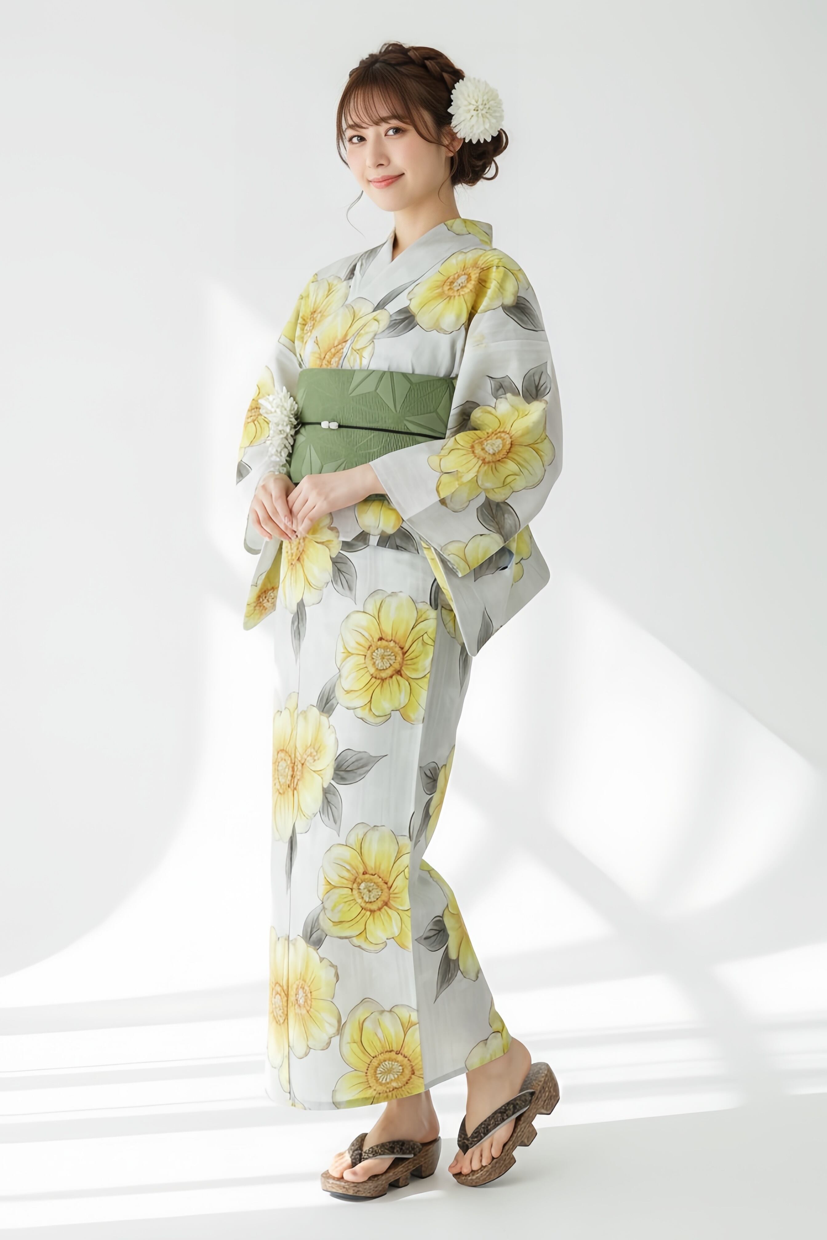 浴衣ジェンヌ 浴衣3点セット 生成り×黄色 抹茶 半幅帯
