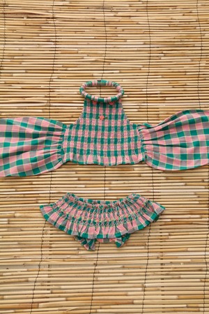 Swim Suit Pink green honeycomb check 8y,10y /  Bonjour Diary