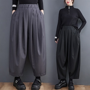 ELASTIC WAIST PLEATED WIDE LEG CROPPED PANTS 2colors M-6220