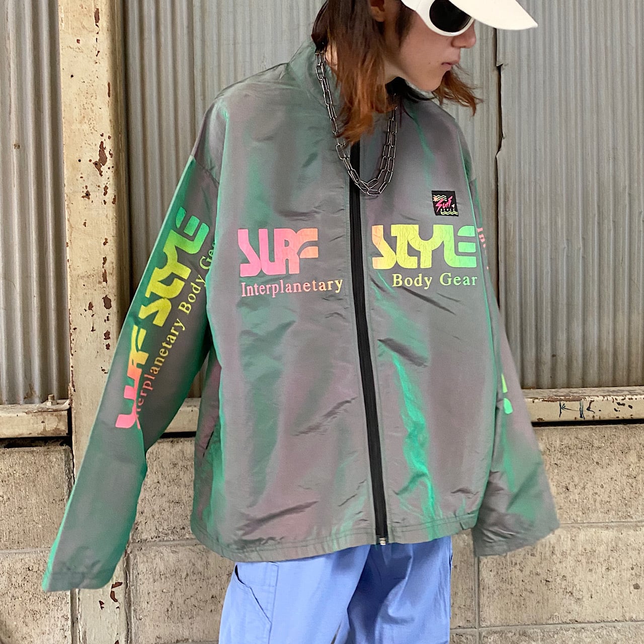 ビッグサイズ 80年代 80s Surf Style サーフスタイル ロゴプリント ナイロンジャケット ウインドブレーカー 玉虫色 ヴィンテージ ビンテージ 大きいサイズ メンズxxl相当 古着 ナイロンジャケット Cave 古着屋 公式 古着通販サイト