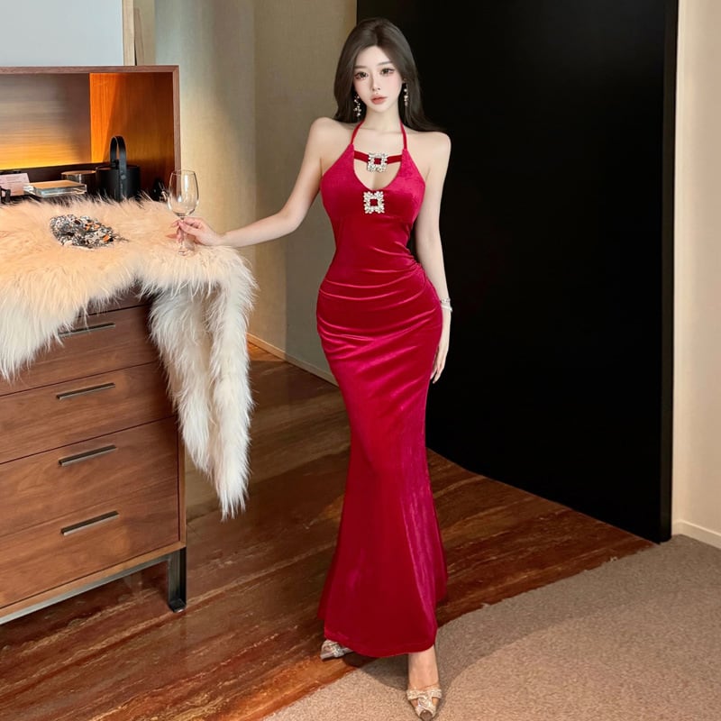 2色】ロングドレス キャバドレス セクシー ホルターネック カット