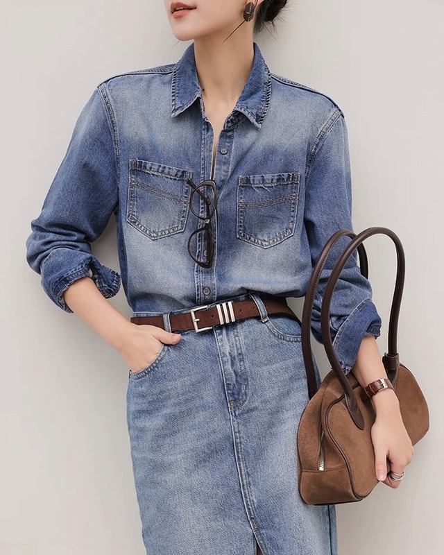 【セットアップ】デニム シャツ+スリットスカート