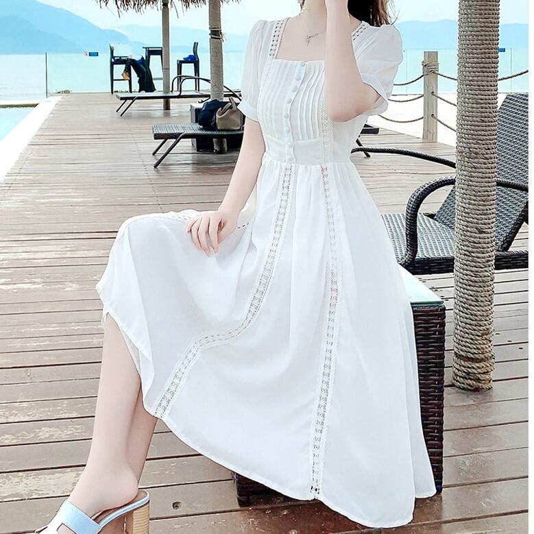 ワンピース フレアワンピース 袖あり 半袖 スクエアネック フレア