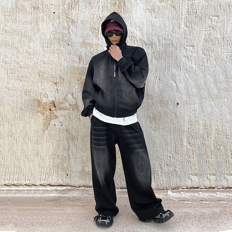 HOZI黒灰色レトロスウェットパンツ | mblueshop