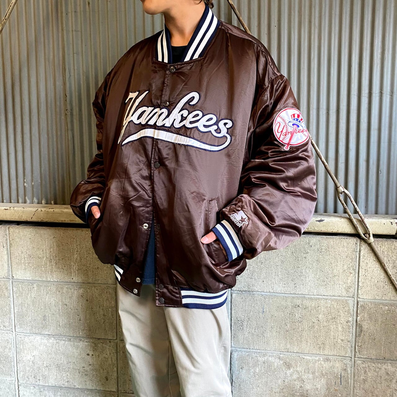 90s ナイキNIKE NEW YORK YANKEES 袖レザー切替スタジャン-