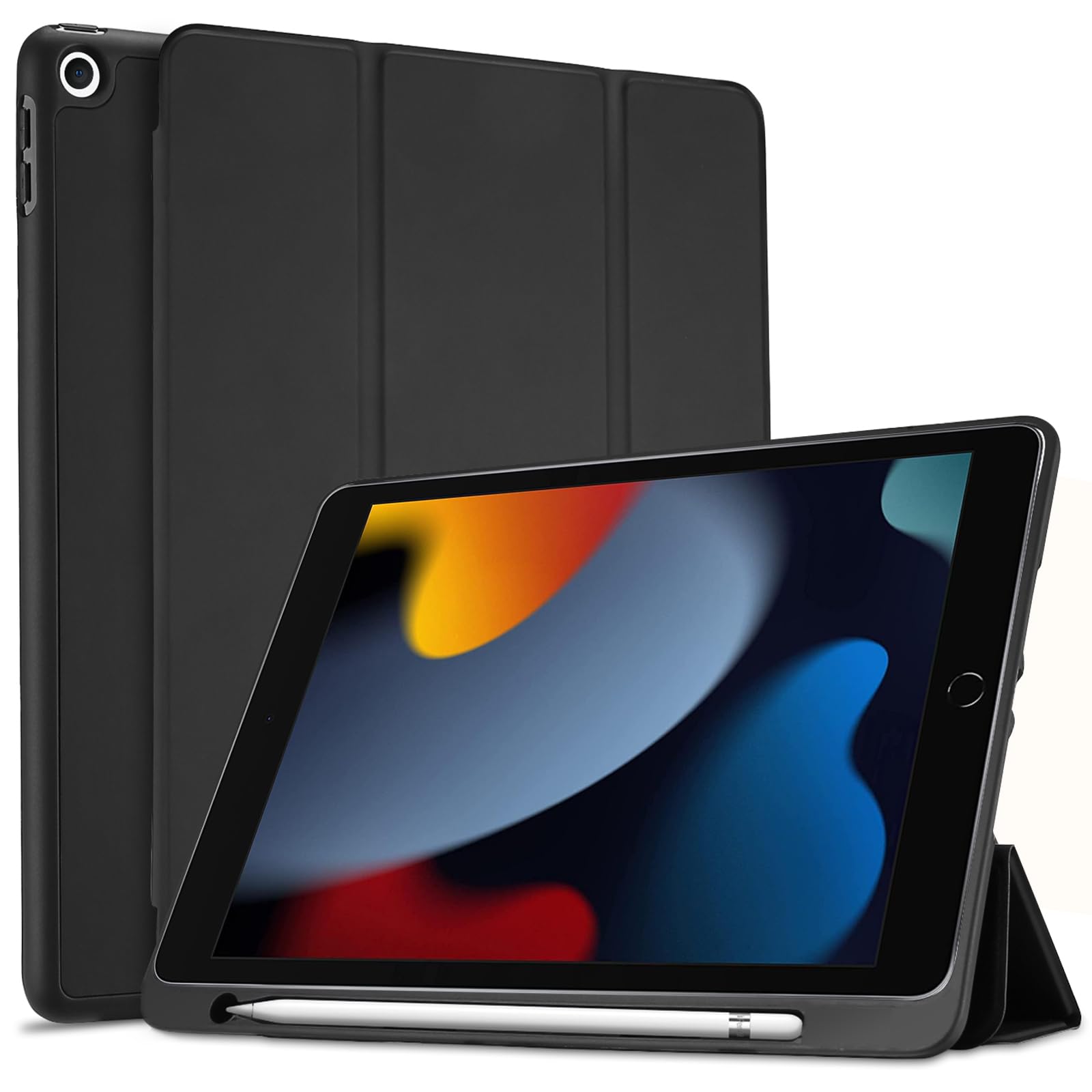 ProCase iPad 9/8/7世代 ケース ペン収納 10.2" 耐衝撃 自動スリープ機能対応 三つ折りカバー(ブラック)