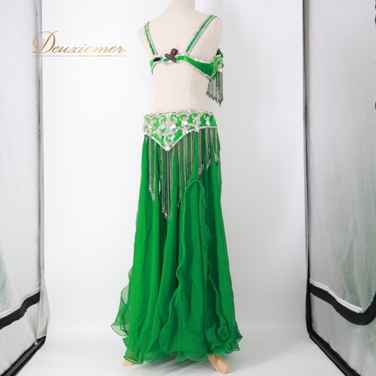 ベリーダンス オリエンタル 衣装 上下セット グリーン系 トップス スカート ベルト アーム アーム飾り ベール コイン ビーズ フリンジ 豪華 装飾 透け感 スリット 華やか ダンス衣装 イベント ステージ キラキラ