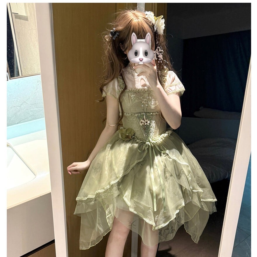 ロリータファッション 中華ロリ花柄アシンメトリーシフォンワンピース3