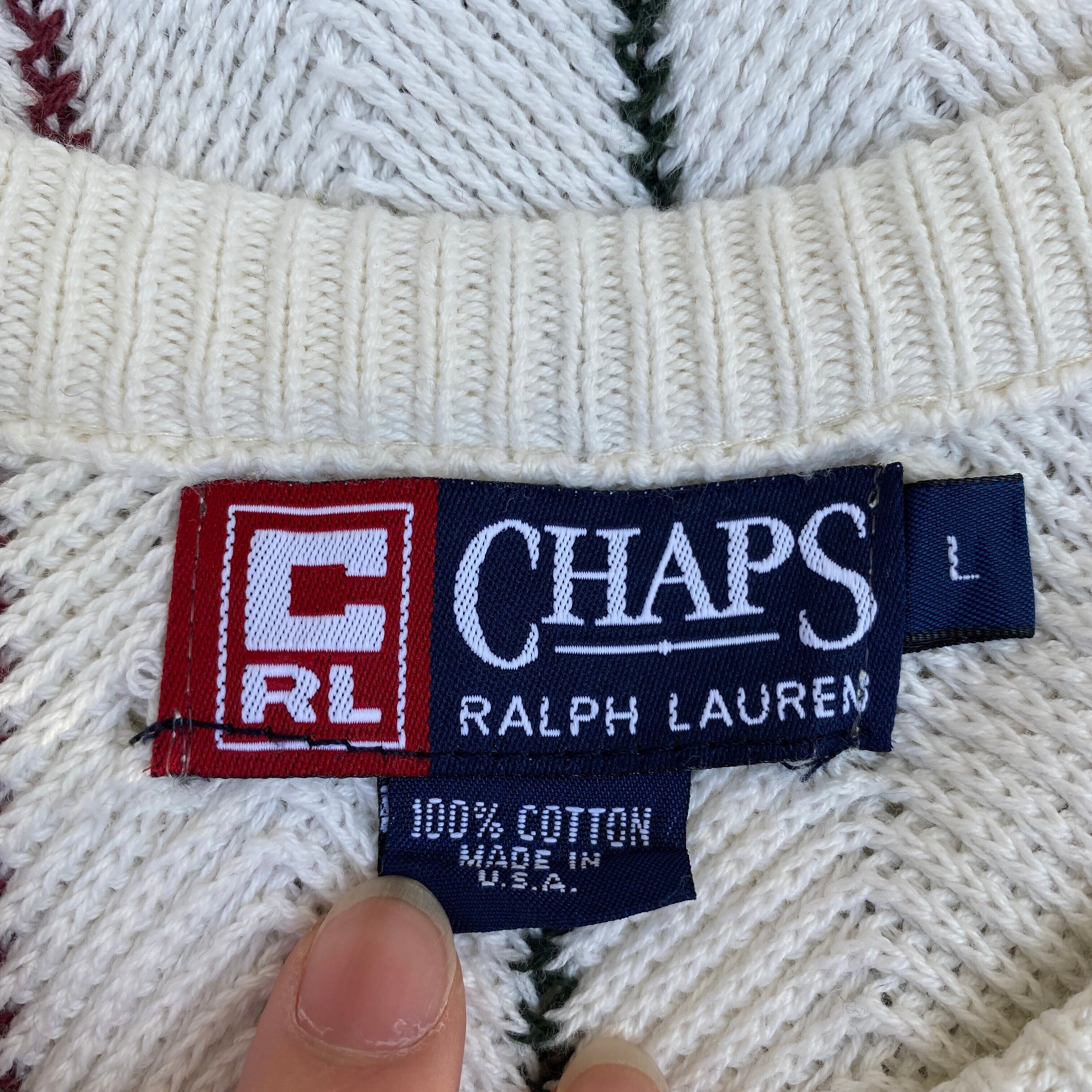 90s〜 CHAPS ラルフローレン コットン ハンド ニット ストライプ M USA製 90年代 チャップス ラルフローレン ピンストライプ コットン