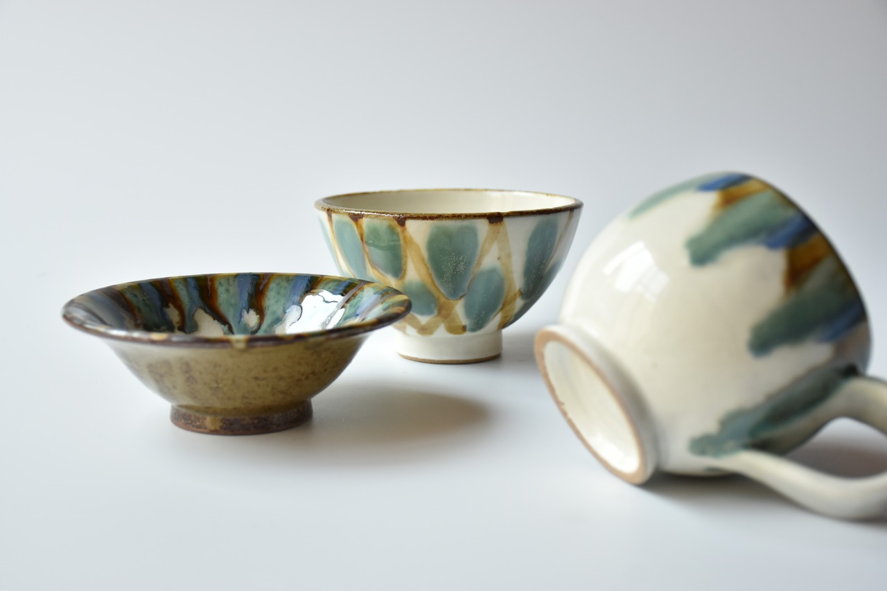 小代本谷ちひろ窯  : 三彩 おわん (格子)