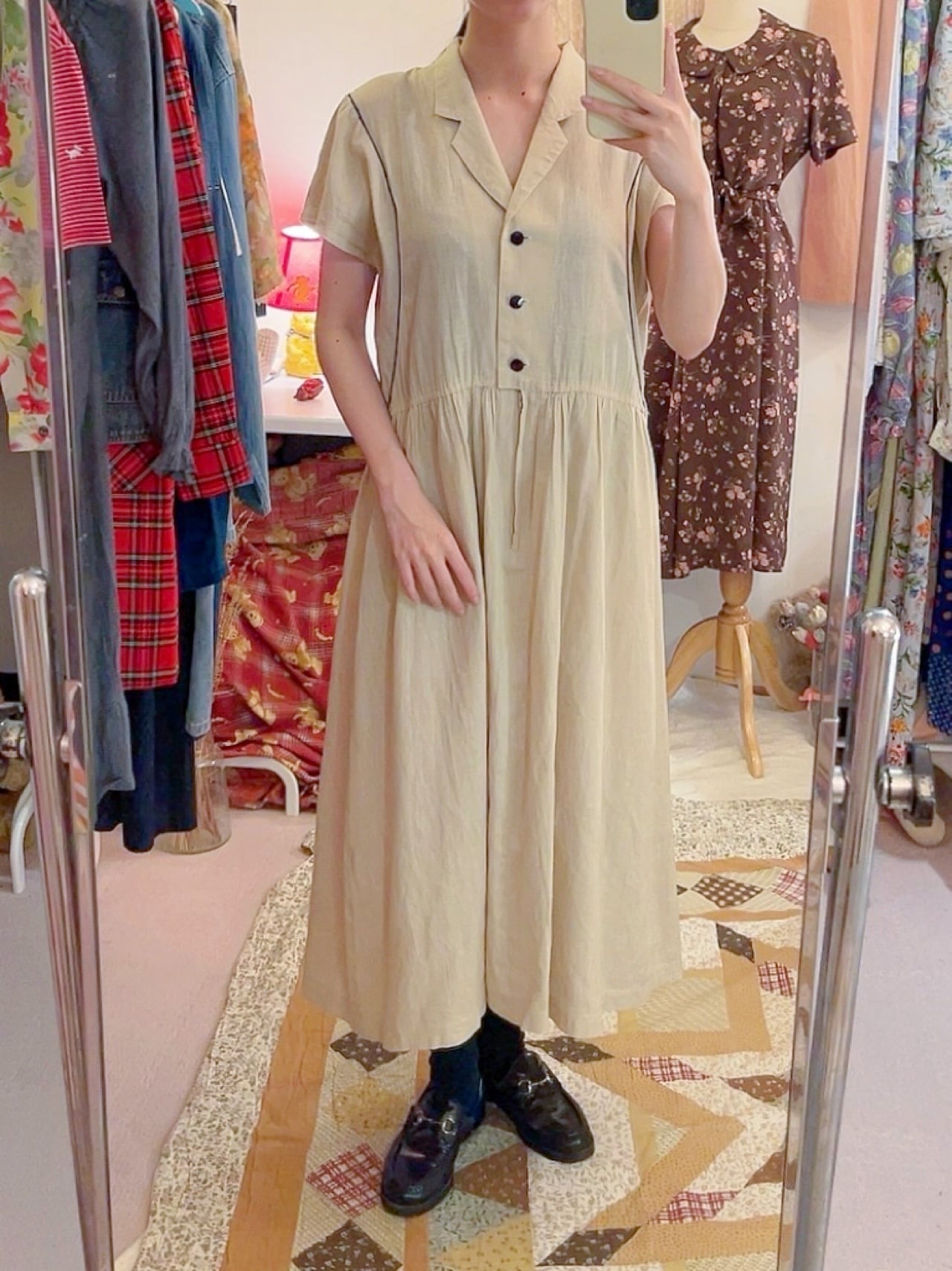 beige open collar one-piece