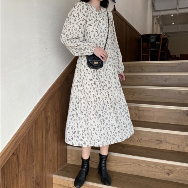 春秋 長袖 ワンピース 小花 フレンチ フラワー パフスリーブ ミディアム丈