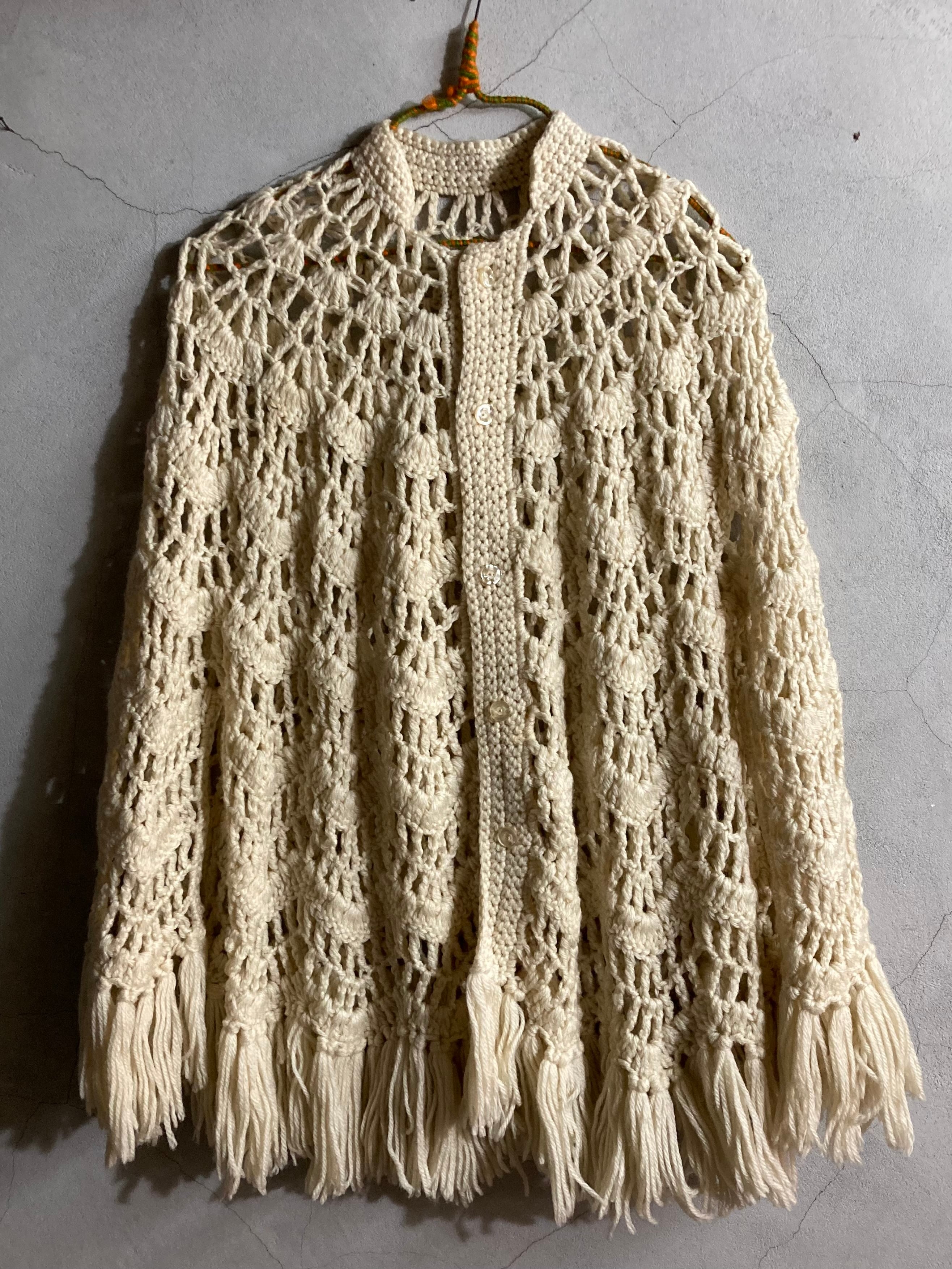 70s VINTAGE HAND MADE KNIT PONCH ハンドメイドポンチョ 白