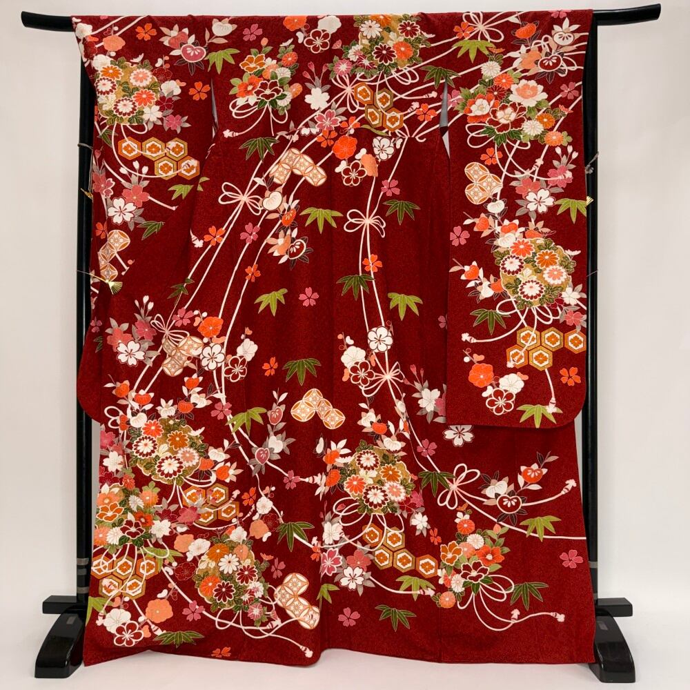 振袖 中古 赤 正絹 古典 裄69cm 身丈171.5cm 美品 L サイズ 成人式 6750
