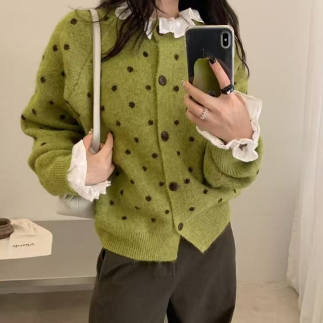 retro tiny dot crewneck knit cardigan【5color】  e2111
