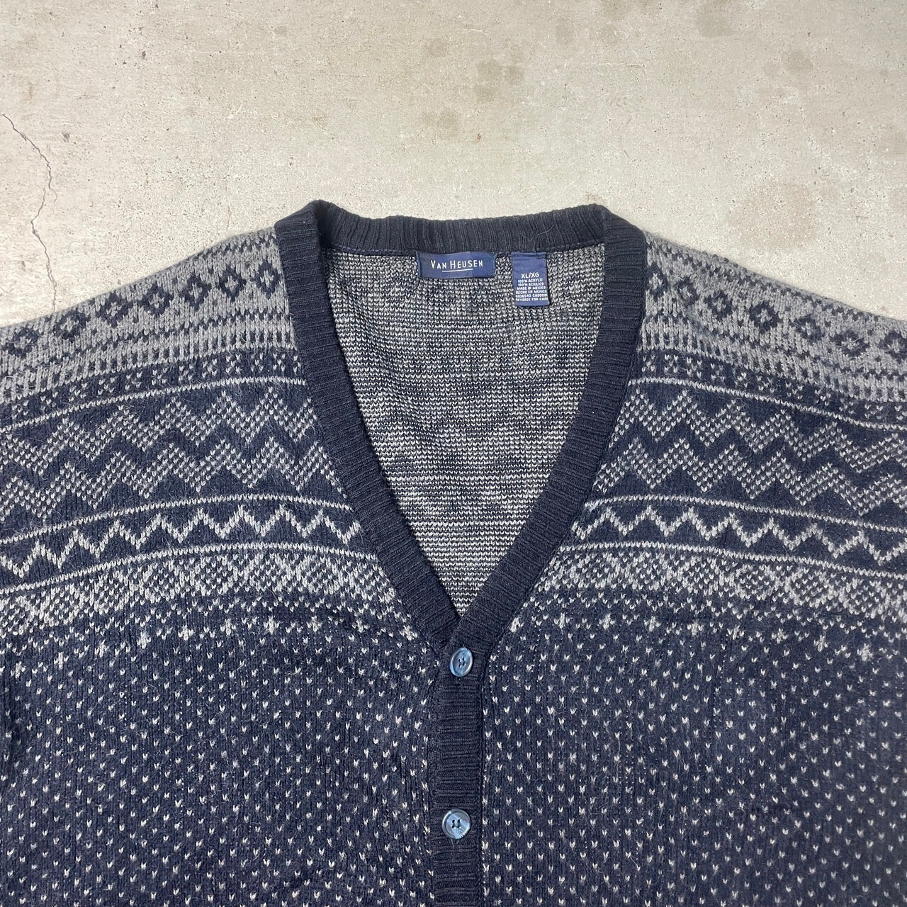 VANHEUSEN バーズアイ アクリルニットカーディガン メンズXL 古着 00s 