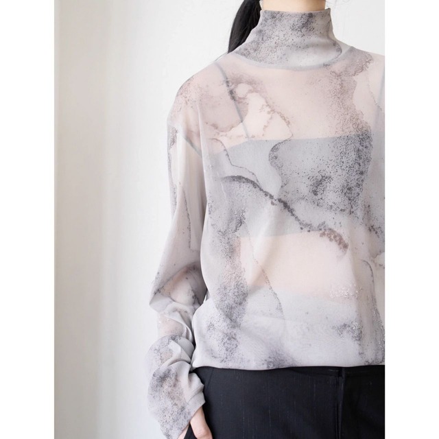 Marble pattern high neck sheer top C1133