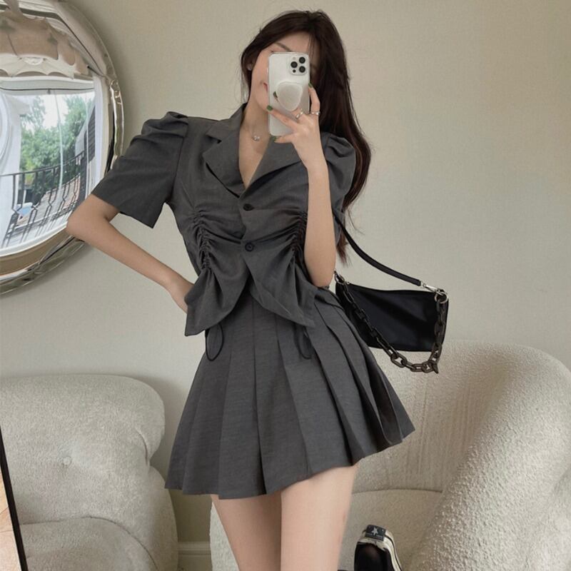 スリーブプリーツジャケット ハイウェストウェストスカート ハンチェンe29423677595