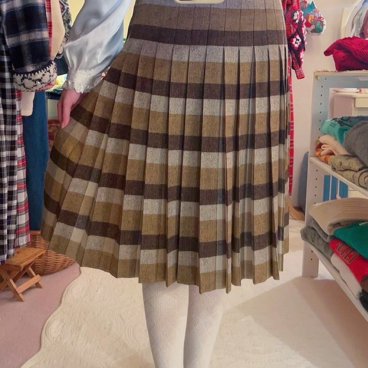 brown block check tuck skirt