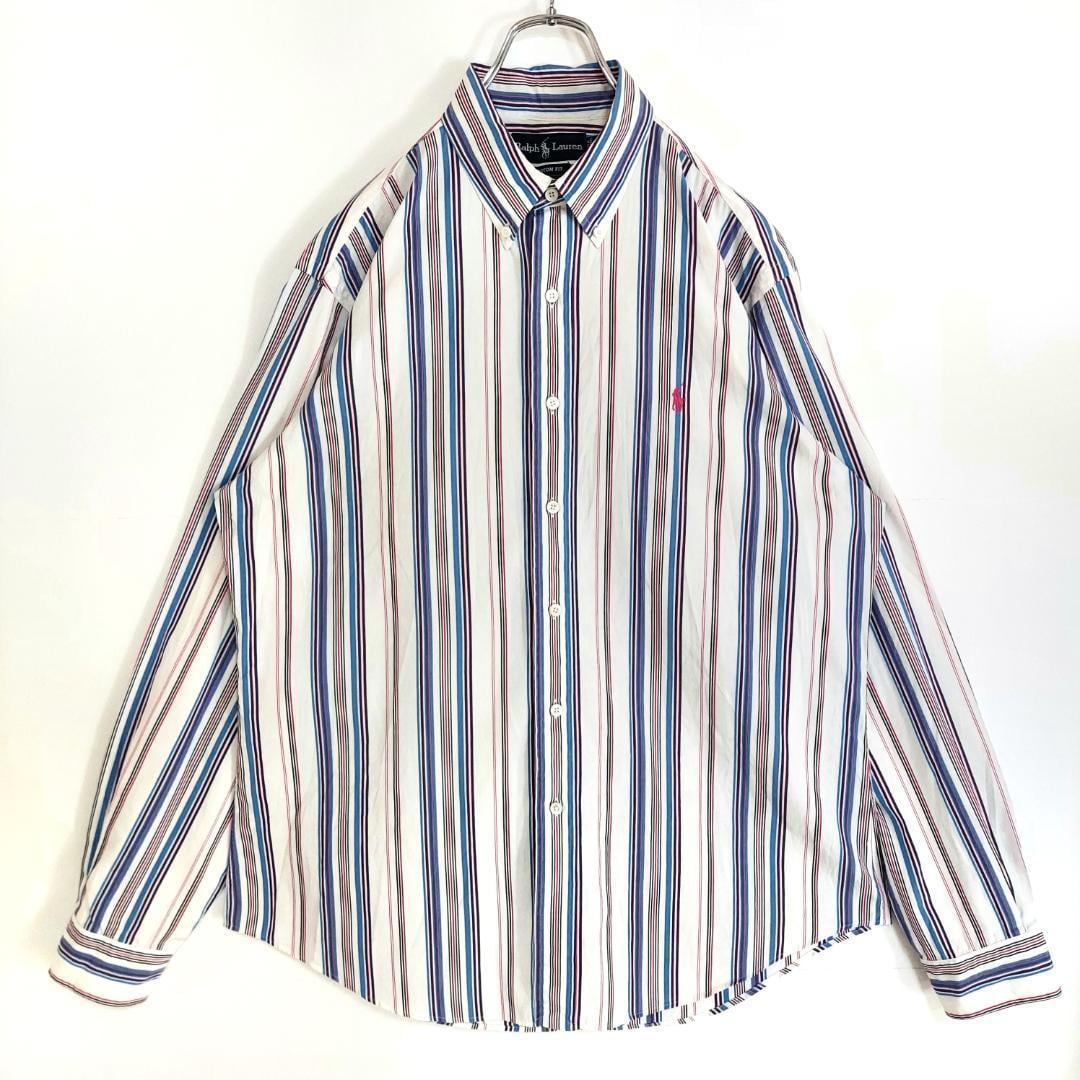 90s ラルフローレン BDストライプシャツ L ホワイト 白 青 ピンク 刺繍