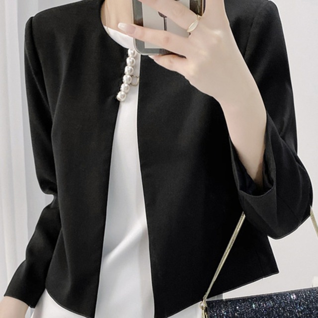 ノーカラー パール ショートジャケット-ブラック