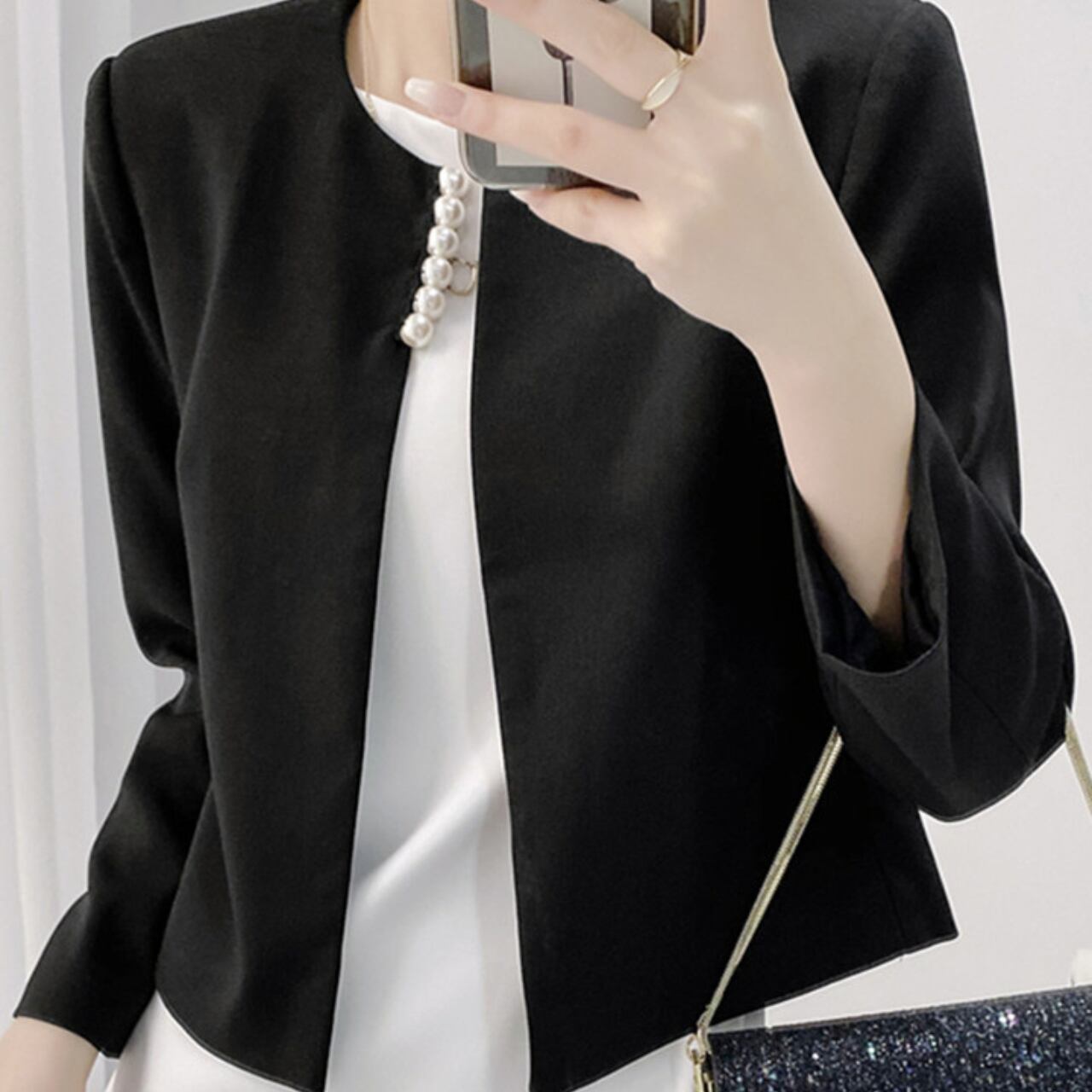ノーカラー パール ショートジャケット-ブラック