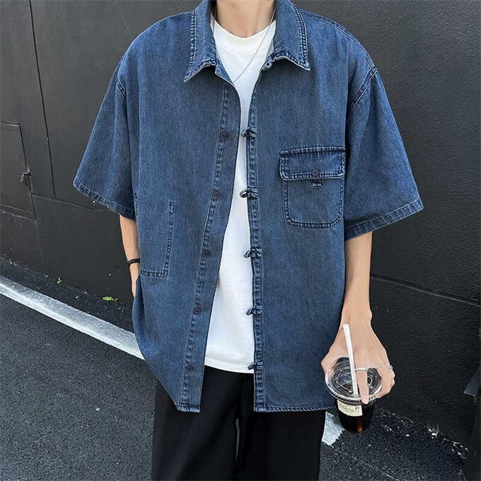 メンズ 半袖シャツ デニムシャツ 大きめ 5分袖 T01200 デニムシャツ メンズ 半袖 ワークシャツ デニム 五分袖