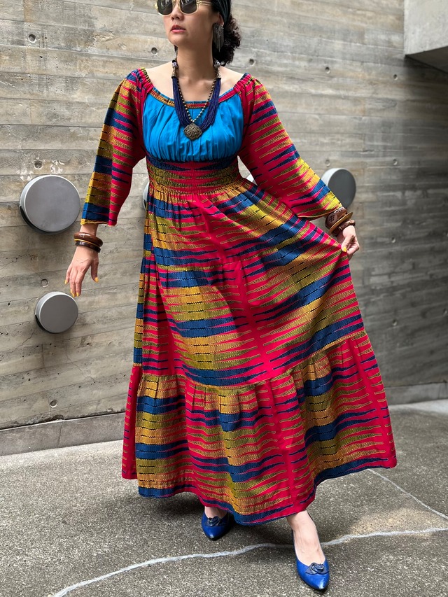 70s african batik fuchsia pink × blue yellow cotton dress ( ヴィンテージ アフリカン バティック フューシャピンク × イエロー ブルー コットン ワンピース )