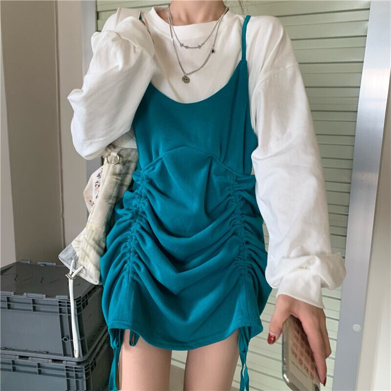 偽のツーピース巾着長袖ドレス女性2020年秋新しい小さな男の年齢削減ショートスカートグレー気質スカート ブラックストロベリース34307082924