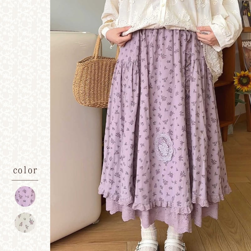 レースパッチ付き小花柄ダブルレースフリルスカートW1888