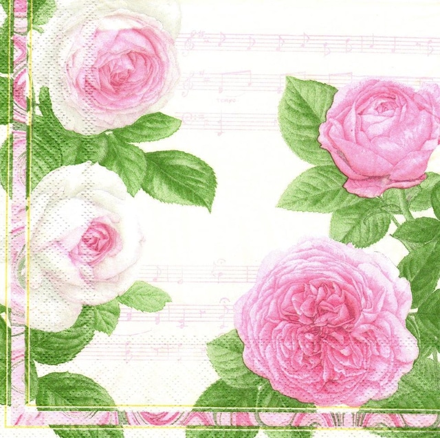 【FRONTIA】バラ売り1枚 ランチサイズ ペーパーナプキン 音符とピンクローズ ホワイト
