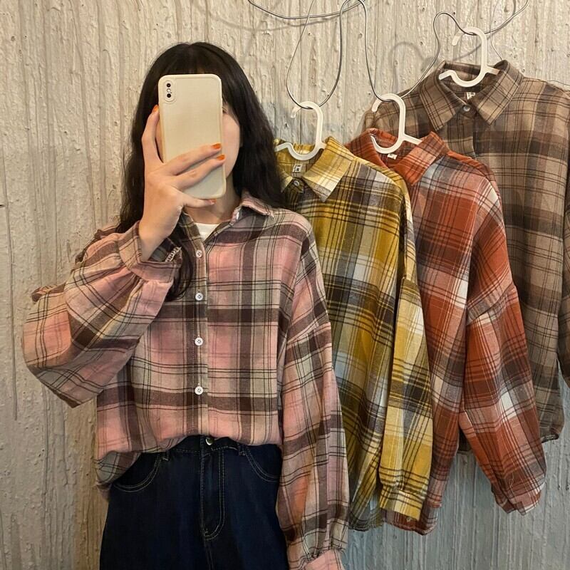 ルーズ薄手格子柄シャツ ジャケット スプリングオータムブラウス ロング 春物 秋物 1号婦人14033689594