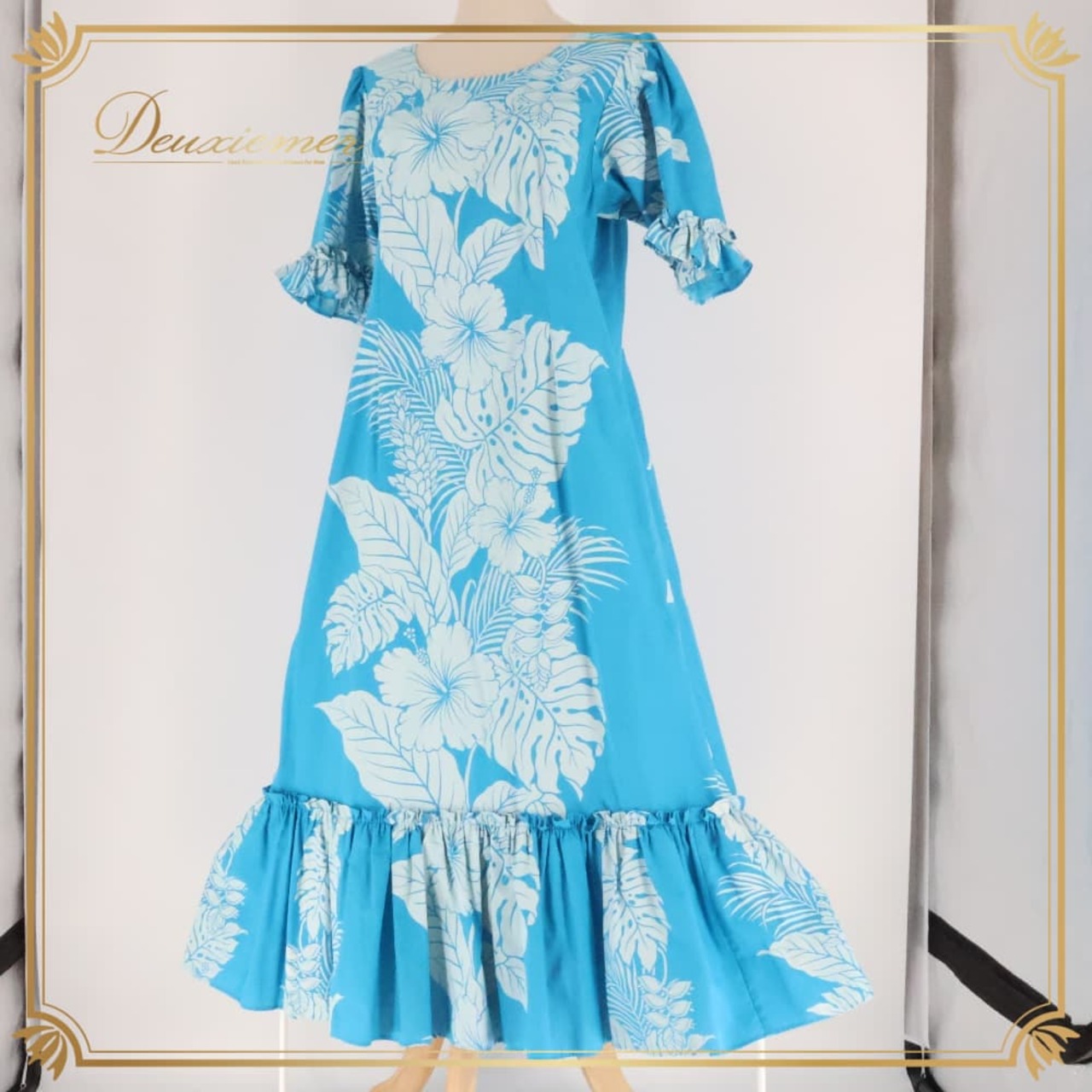 フラダンス 衣装 ワンピース ドレス ブルー系 ホワイト系 ハイビスカス柄 モンステラ柄 フリル かわいい 華やか 鮮やか 明るい 爽やか 水色 白 ダンス衣装 ハワイアンダンス レディース ハワイアン アロハ ハワイアンプリント フラ ダンス レッスン 練習