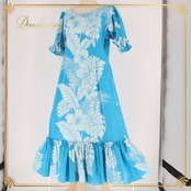 フラダンス 衣装 ワンピース ドレス ブルー系 ホワイト系 ハイビスカス柄 モンステラ柄 フリル かわいい 華やか 鮮やか 明るい 爽やか 水色 白 ダンス衣装 ハワイアンダンス レディース ハワイアン アロハ ハワイアンプリント フラ ダンス レッスン 練習