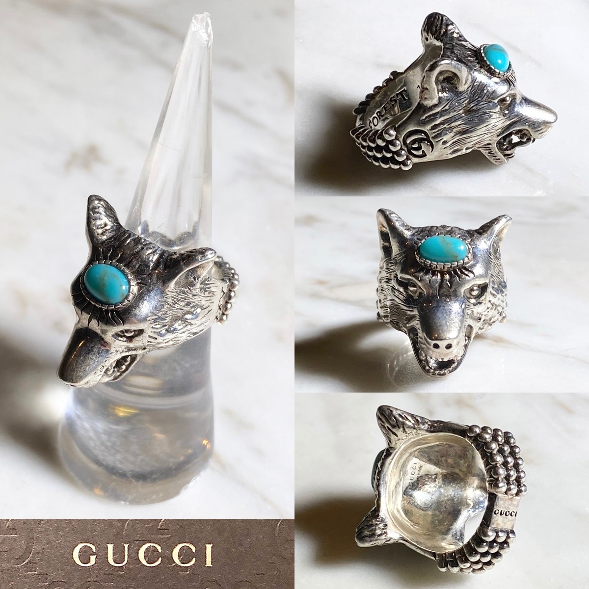 GUCCI silver wolf head ring set with turquoise “anger forest 